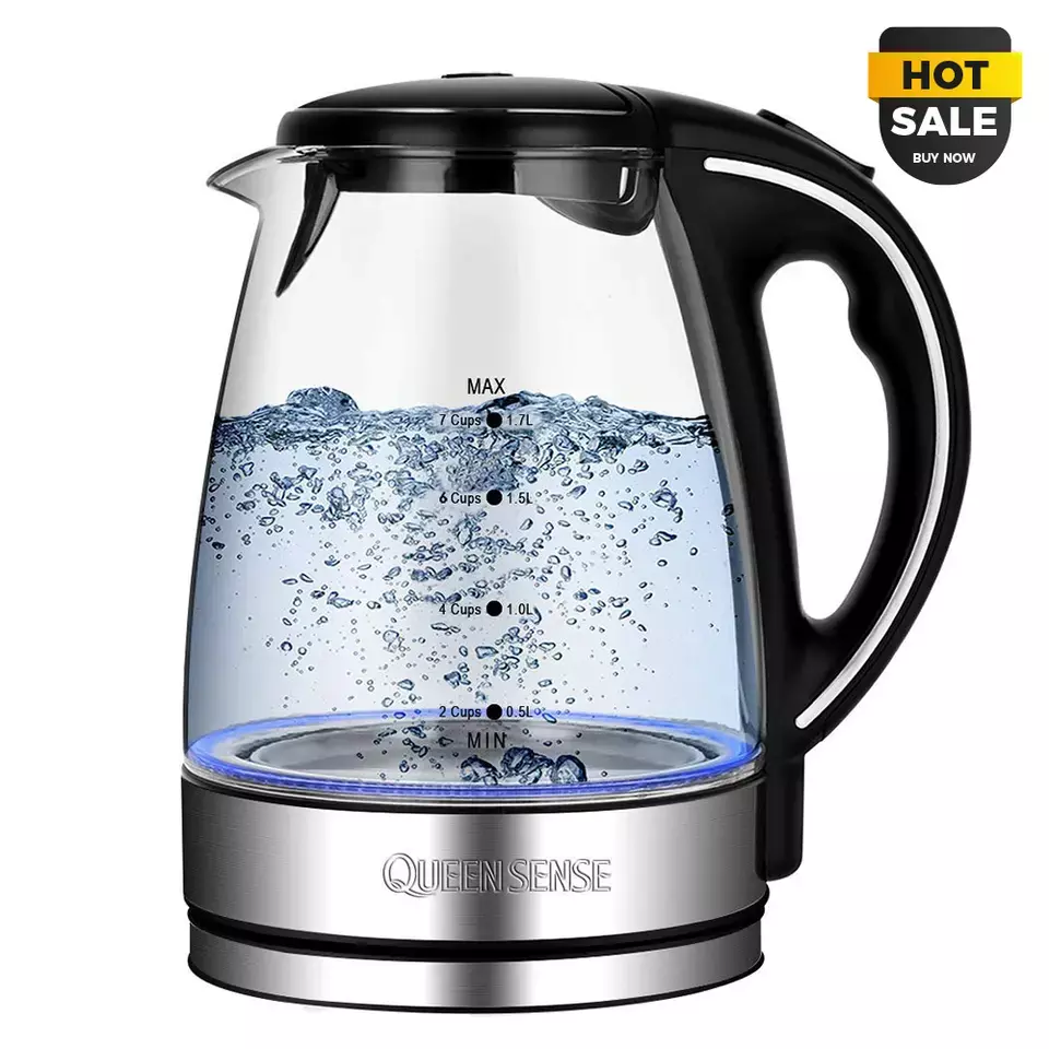 1.7L LED Glass Electric Kettle - 2200W Fast Boil, Auto Shut-Off, Blue Illumination, 360° Cordless
