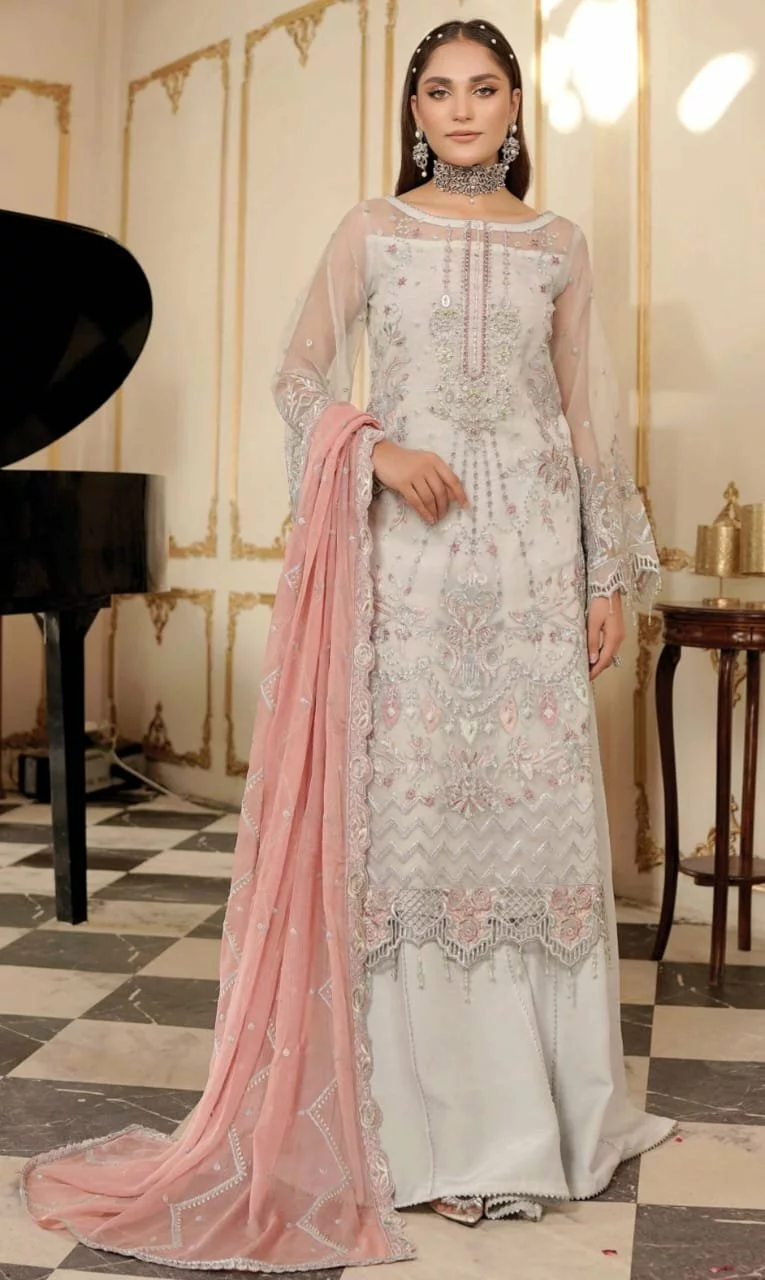 Luxury Embroidered Organza 3-Piece Asian Suit - Dupatta + Grip Trouser, Unstitched