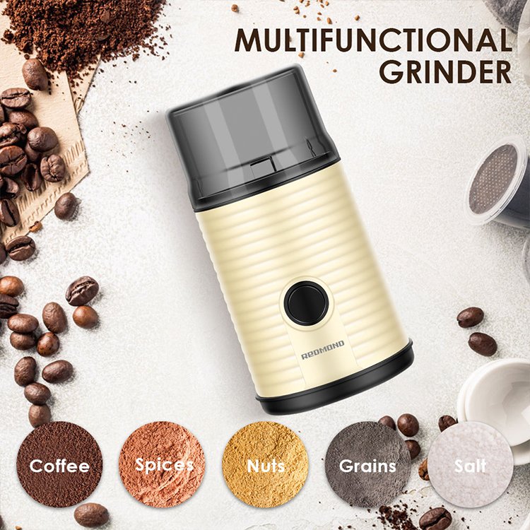 Redmond 160W Electric Coffee Grinder - 80g Stainless Blade, One-Touch, Beige/Black