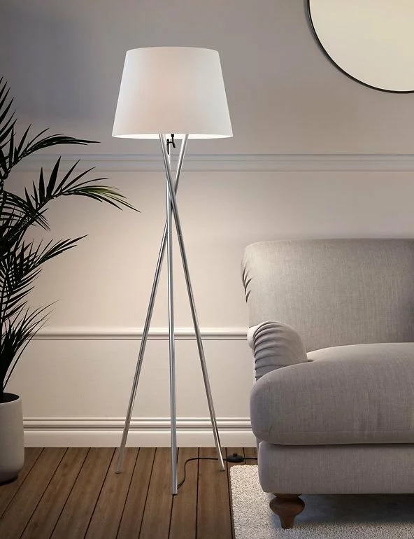 Tripod Floor Lamp with Fabric Shade - 160cm, E27, Modern Wood Legs, Warm White
