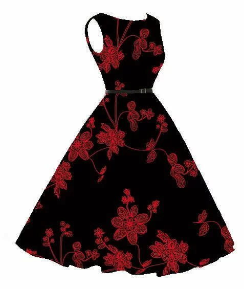 Sleeveless Floral Tea-Length Swing Dress - Vintage A-Line, Belt, Poly-Cotton
