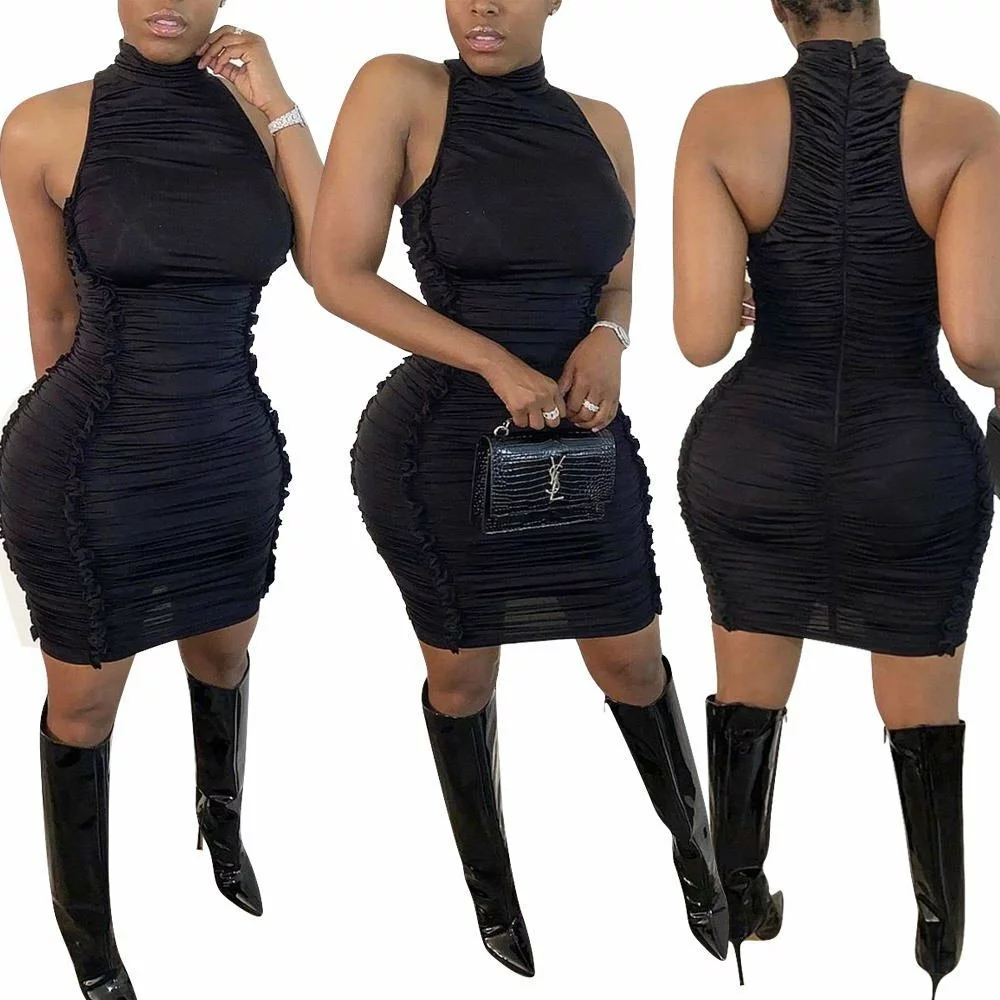 Black Wood-Ears Bodycon Dress - Sleeveless, Knee-Length, Ruffle Trim, Stretch Poly