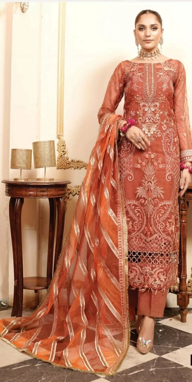 Luxury Embroidered Organza Chiffon Suit - 3-Piece, Dupatta, Grip Trouser, Unstitched