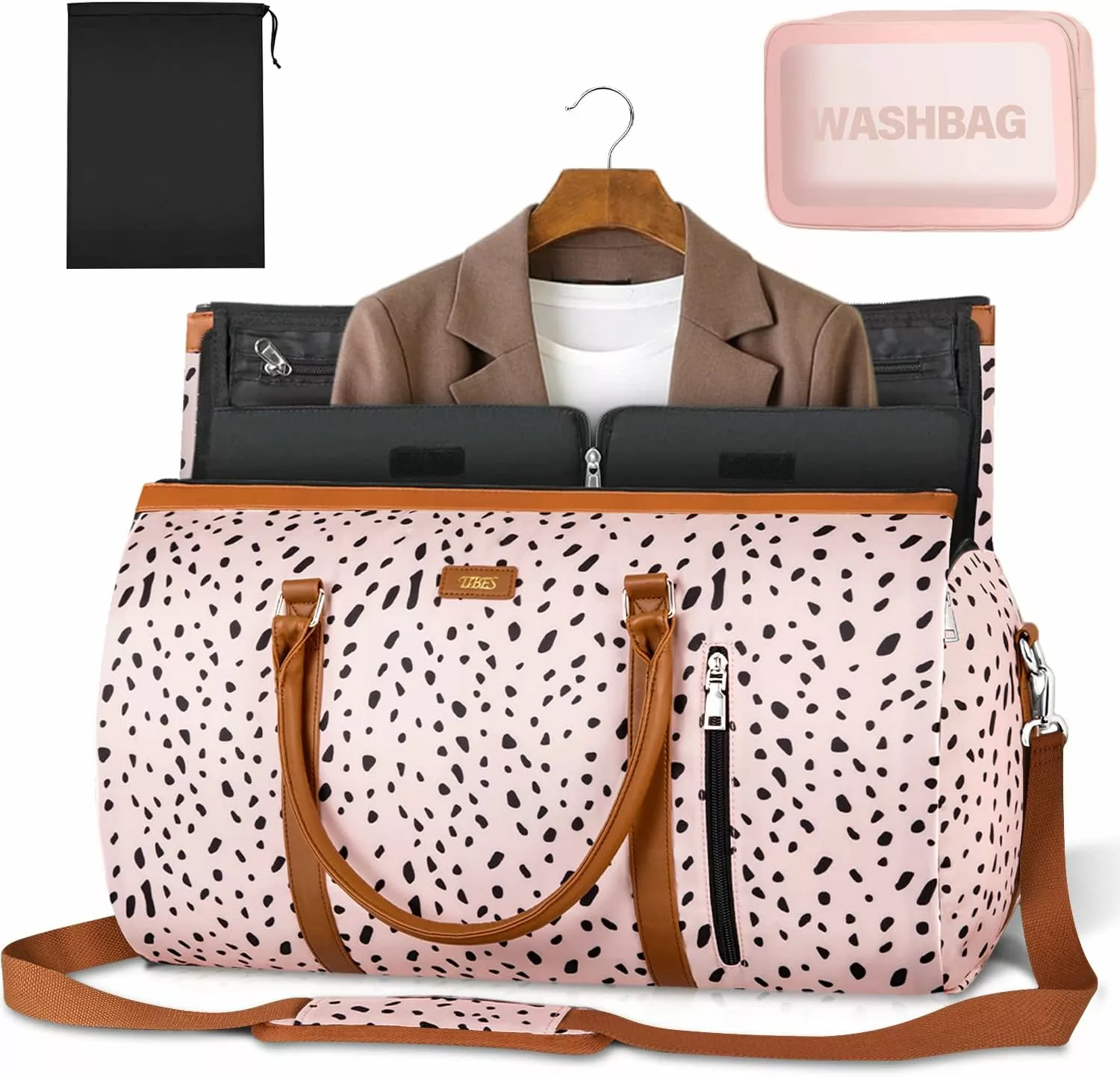 3-Pc Convertible Garment Duffel Set - 40L Carry-On, Suit Hanger, Toiletry + Shoe Bag, Pink Leopard