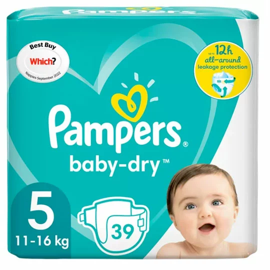 Pampers Baby-Dry Size 5 Essential Pack - 39 Nappies, 11–16kg, 12hr Dry, UK Oeko-Tex Certified