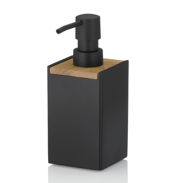Kela Cube Liquid Soap Dispenser - Matte Black, Oakwood Accent