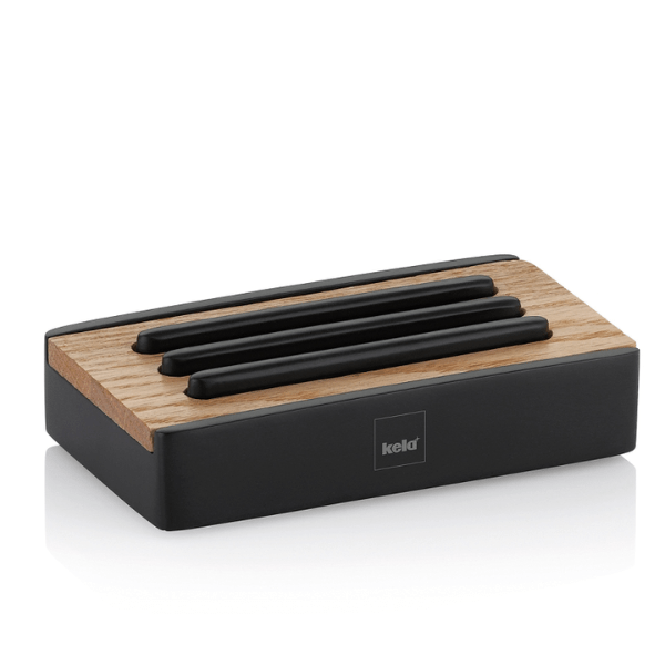 Kela Cube Soap Dish - Matte Black, Oakwood, Water-Resistant