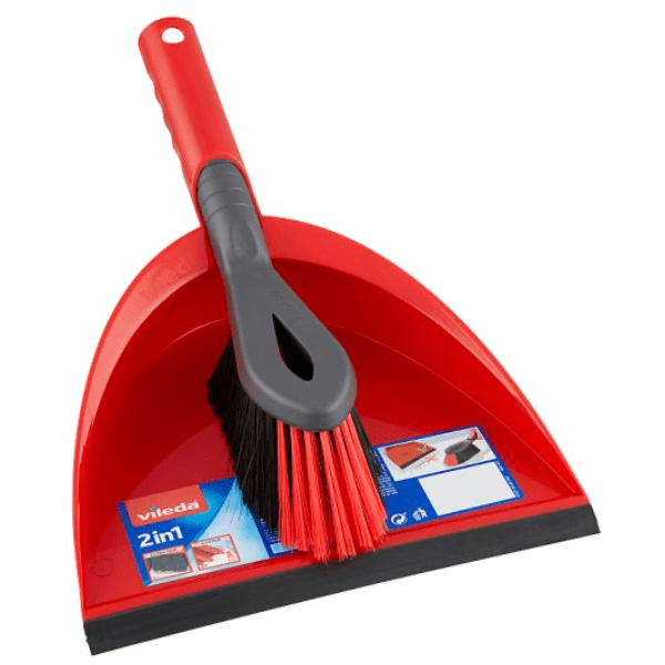 Vileda 2-in-1 Red Dustpan and Brush Set for Efficient Sweeping