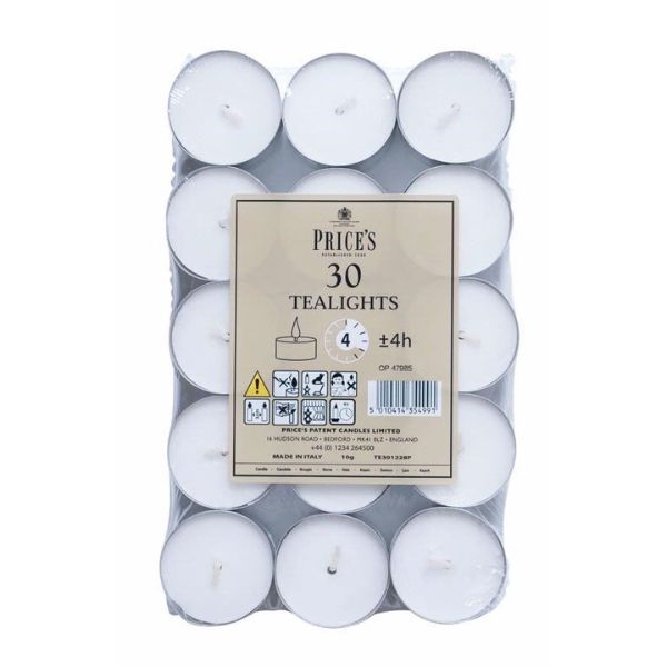 Price's White Wax Tealights Pack of 30 - 4-Hour Burn, Versatile