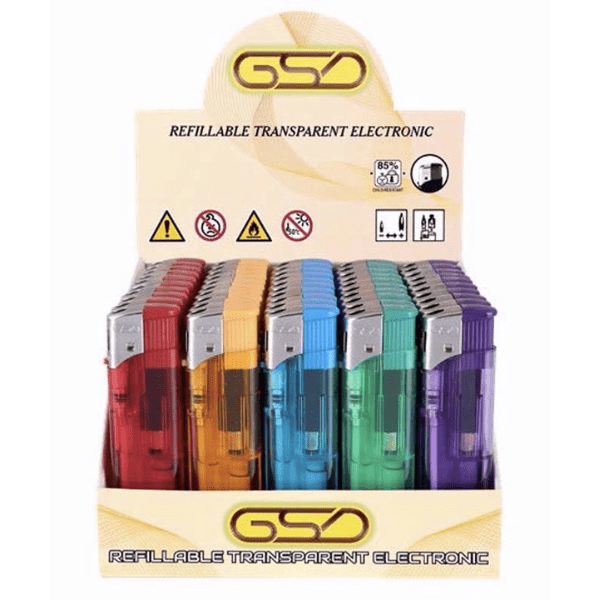 GSD Electronic Clear Lighter - Refillable, Wind-Resistant, Side Push