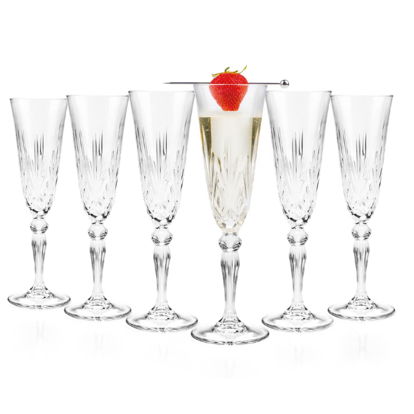 RCR Melodia Champagne Flute Glass Set of 6 - Italian Crystal, Elegant Stemware