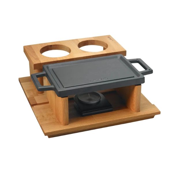 Lava Enameled Cast Iron Hot Plate with Wooden Stand - Dual-Sided, 22x15cm