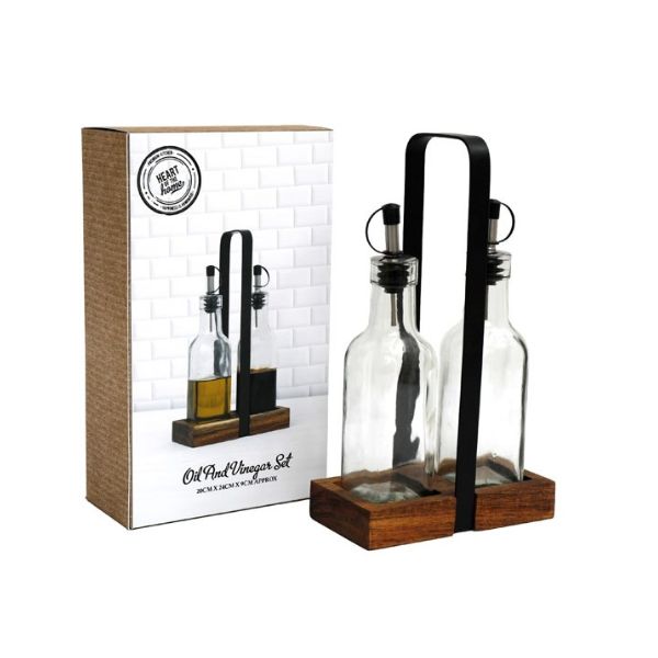 Acacia Wood Oil Bottle Set with 2 Glass Bottles & Drip-Free Spouts