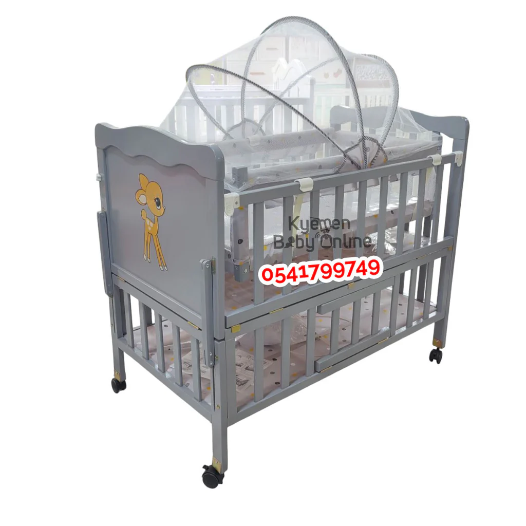 2-in-1 Baby Wooden Cot With Drawer – Grey (AY 659) | Baby Bed / Baby Crib