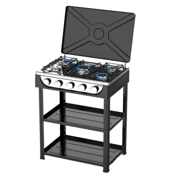 Decakila KMGS019B 5-Burner Gas Stove with Double Shelves - 2.2+1.5+1.5+1+1kW, LPG, Manual, Storage Racks