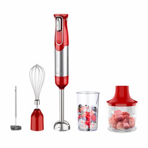 Decakila KMJB021R Cordless 5-in-1 Immersion Blender - 100W Red Edition, 2000mAh, Stepless Speed, Chopper + Whisk