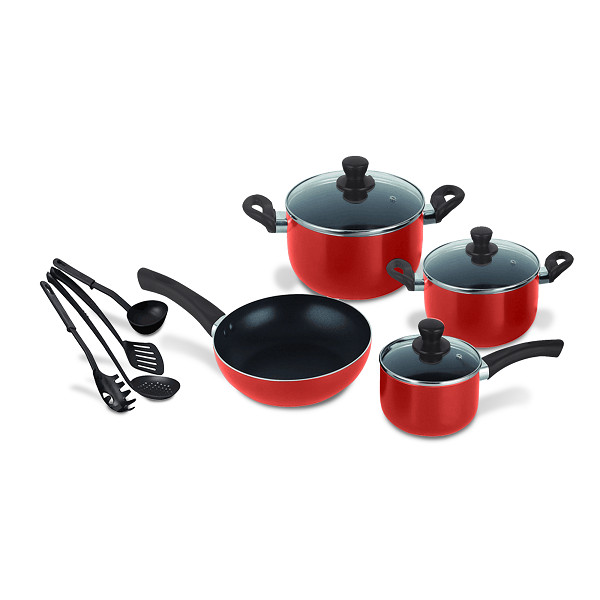 Decakila KMEP006B 11-Piece Non-Stick Cookware Set - 16/20/22cm Pots + Lids, 22cm Frypan, 4 Nylon Tools
