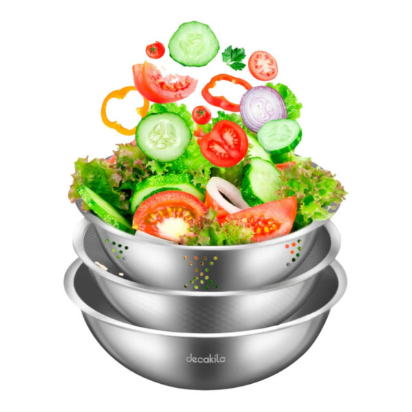 Decakila KMTT144M 3-Piece SS201 Basin Set - 22cm Sieve + 24/26cm Bowls, Mirror Polish, 0.4mm