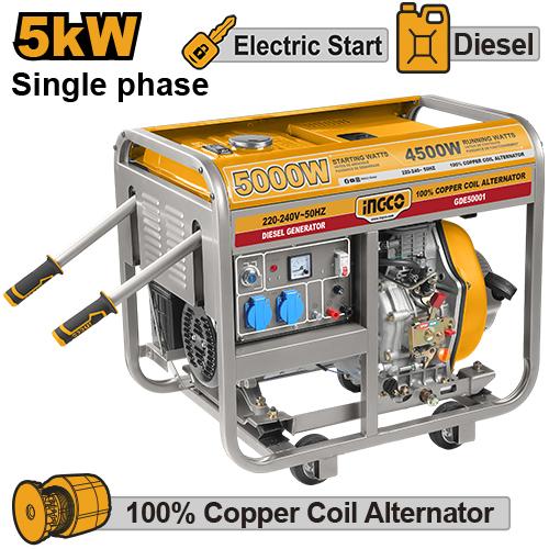 Ingco 5.0kW Diesel Generator with Electric Start - Copper Coil Alternator
