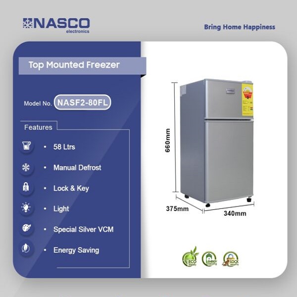 Nasco 58L Table Top Refrigerator – Compact Double Door Design