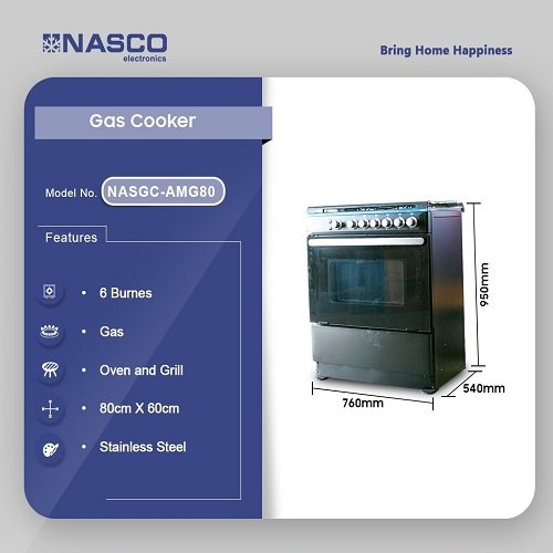 Nasco 6-Burner Gas Cooker with Oven & Grill - Stainless Steel