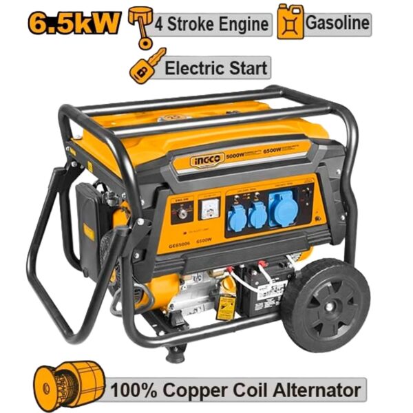 Ingco GE65006 6.5kW Gasoline Generator - 420cc 4-Stroke OHV, Dual Start, 25L Fuel, 9H Runtime