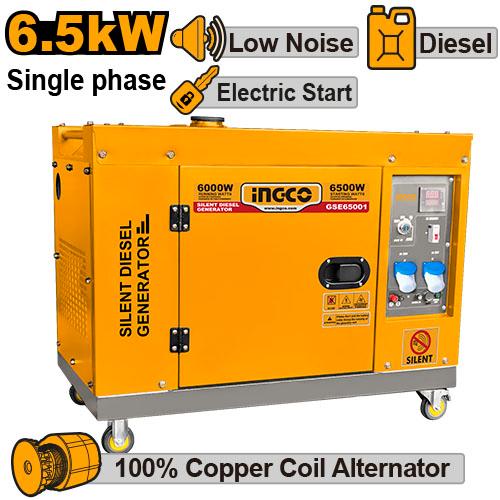 Ingco GSE50003 6.5kW Silent Diesel Generator - 3000RPM, Single Phase, 12V DC, 498cc 12HP Engine