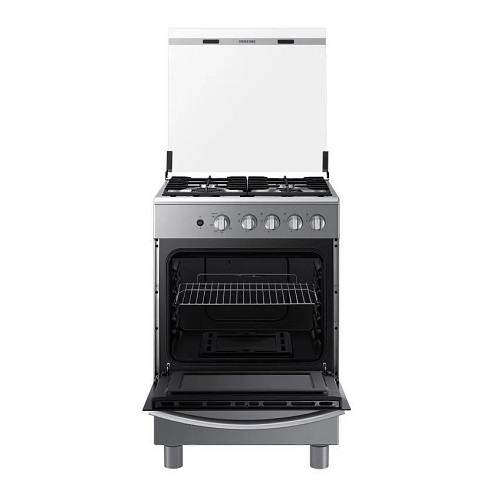 Samsung 4-Burner Gas Cooker with Oven – Black Glass Door & Cast Iron Grates