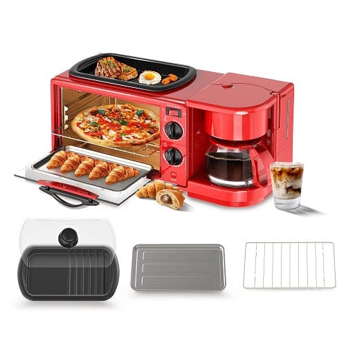 Decakila KEEV003R 3-in-1 Breakfast Station - 1050W Oven/Coffee/Fry, 9L Toaster, 220V