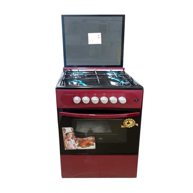 Volcano 4-Burner Gas Oven - Manual Ignition, Glass Lid, Red/Black/Brown