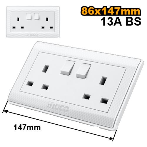 Ingco 2-Gang 13A Socket - BS Standard, Single Pole Switch