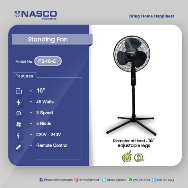 Nasco 16″ 5-Blade Standing Fan with Remote - High Airflow, 7.5H Timer