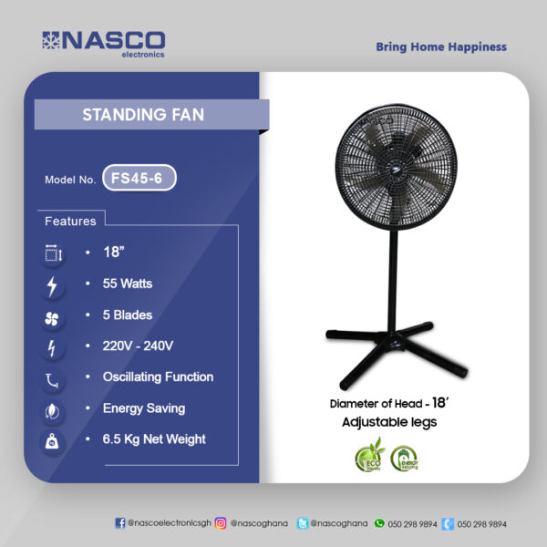 Nasco 18″ Industrial Standing Fan - 55W, 3 Speeds, Oscillating