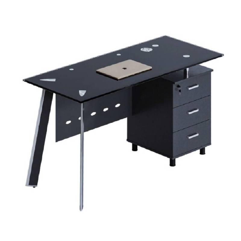 SHIRAZ Executive Desk 160cm Black – Office Desk with Tempered Glass Tray, Fabric Finish, 12mm Top, Metal & Aluminum Frame – Includes Splashback & Mobile Trolley