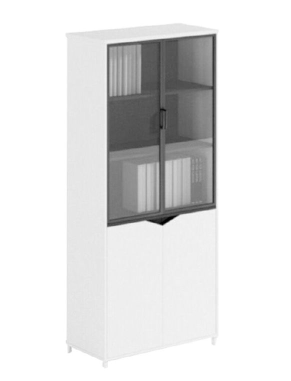 SHIRAZ Storage Unit 80cm White – Tall 195cm Modern Cabinet with 3 Shelves, Fabric Panels, Tempered Glass Finish, Melamine-Aluminum Frame & Metal Feet for Office or Home