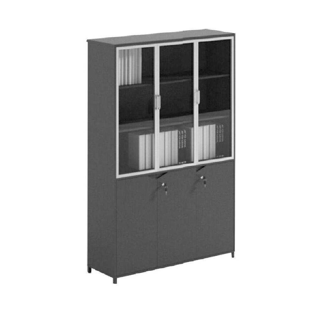 SHIRAZ Storage Unit 120cm Black – Tall 195cm Cabinet with 3 Shelves, Fabric Panels, Tempered Glass Finish, Melamine-Aluminum Frame, and Metal Legs for Office or Home Use