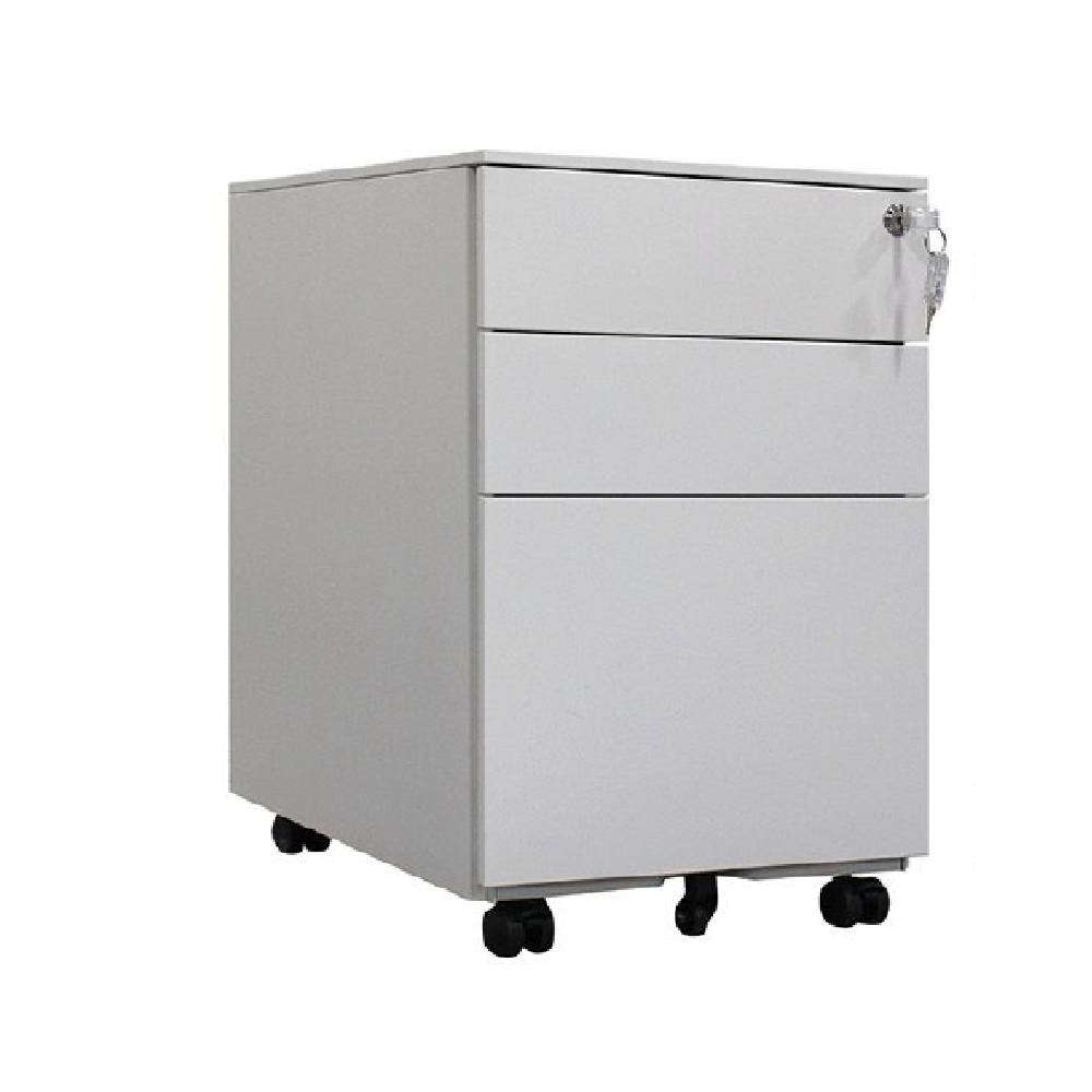 STEEL 3-Drawer Mobile Pedestal Cabinet – 65cm Height Grey/White Metal Drawer Unit with Electrostatic Powder Coating, Lockable Wheels, and Compact Storage Design for Office or Home