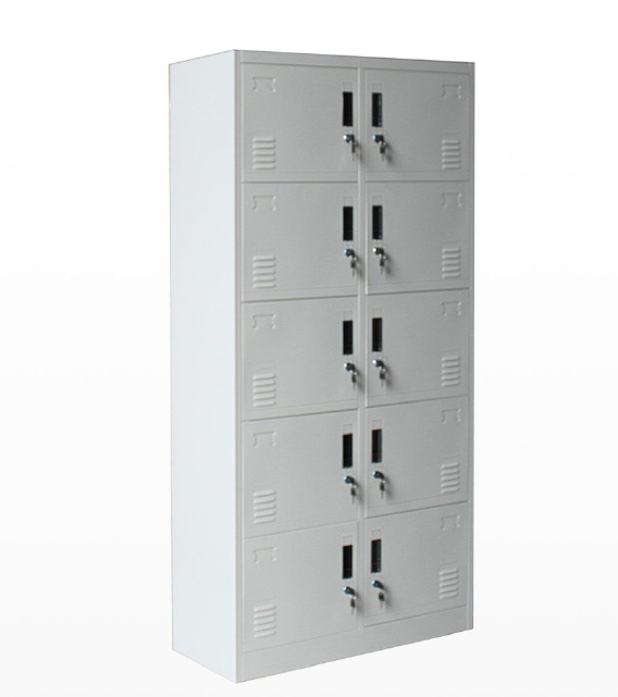 Steel Locker with 10 Doors – 185cm Height x 38cm Length x 45cm Depth, Grey/White Electrostatic Powder Coated Finish for Secure Multi-Compartment Storage