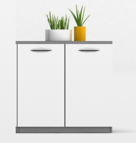 TEAM Storage Unit White/Grey Melamine Cabinet with 2 Doors & 2 Shelves – 80cm Height x 80cm Length x 40cm Depth, Fabric Covering and Metal Handles for Office Organization