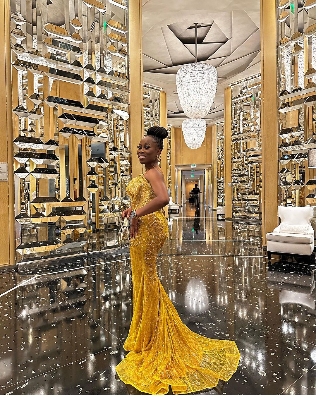 Gilded Glamour: Bespoke Gold Dress Styling by Amoasi Official