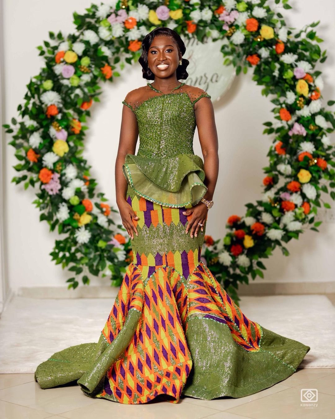 Olive Elegance: Custom Kente Gown by Amoasi Official