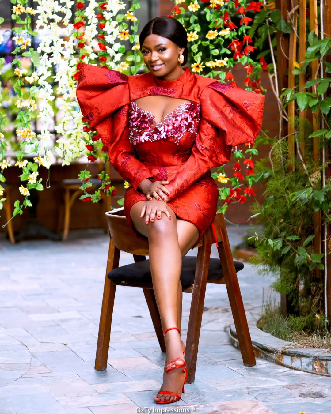Statement Sleeve Elegance: Red Brocade Mini Dress by Amoasi Official