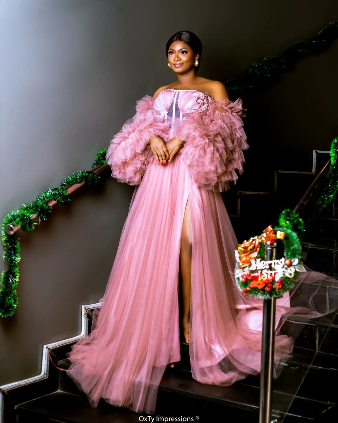 High-Slit Elegance: Tulle Gown with Statement Tiered Sleeves by Amoasi Official