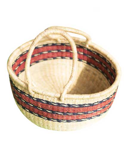 Brown Striped Hand Woven Basket - Patterned Straw Tote, Grocery & Storage Basket