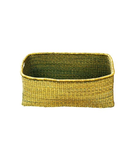 Green Rectangular Hand-Woven Basket - Structured Straw Organizer, Shelf Storage