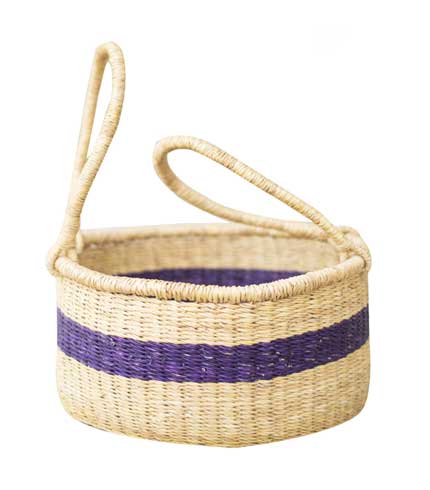 Blue Stripe Hand Woven Basket - Nautical Pattern Straw Tote, Beach Picnic Basket