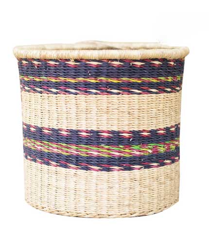 Blue Stripe Design Hand Woven Basket - Patterned Straw Basket, Decorative Organizer
