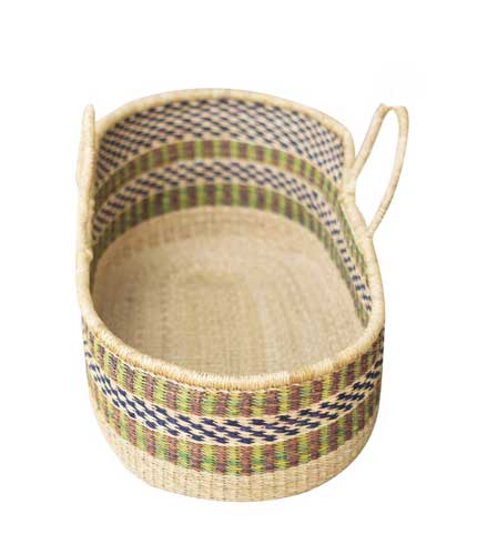 Green & Blue Stripes Hand Woven Basket - Cool Tone Pattern, Sturdy Straw Basket