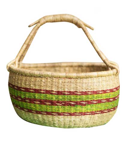 Green Stripped Hand Woven Basket - Textured Straw Design, Durable Utility Basket
