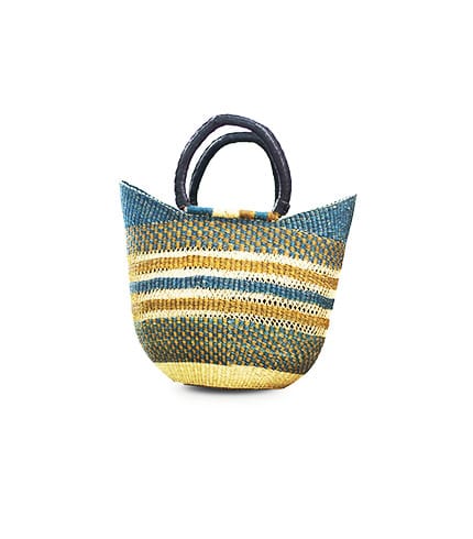 Green, Blue & Walnut Hand-Woven Shopping Basket - Tri-Color Tote, Artisan Straw Basket